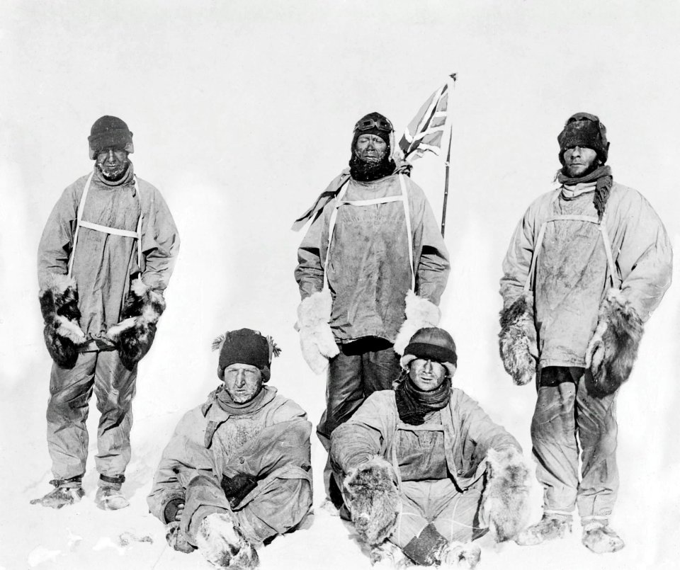  Capt Laurence Oates, Capt Robert Scott and Petty Officer Edgar Evans shown in the back row, whilst Lt Henry Bowers and Dr Edward Wilson are shown seated