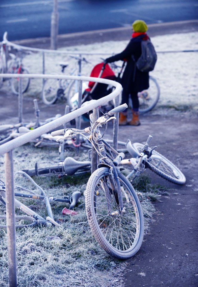  Frost covered bikes near Glasgow Canal in Maryhill after temperatures plummeted overnight in Scotland