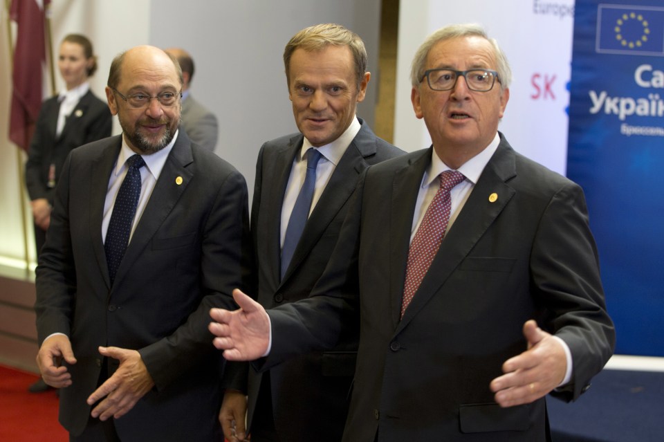  Mr Schulz, seen here with European Council President Donald Tusk and European Commission President Jean-Claude Juncker