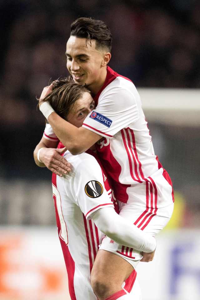  Ajax players Abdelhak Nouri and Lasse Schone celebrate Europa League progression