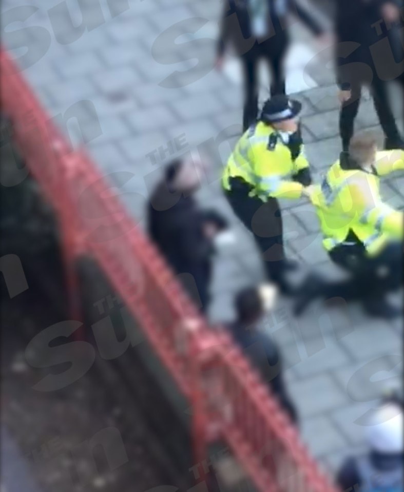  Battered... crowd takes a step back, leaving officer visibly dazed on the ground