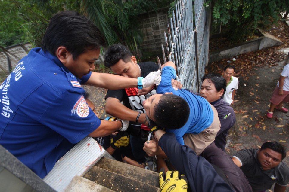  Rescuers were forced to cut the railing away to save him