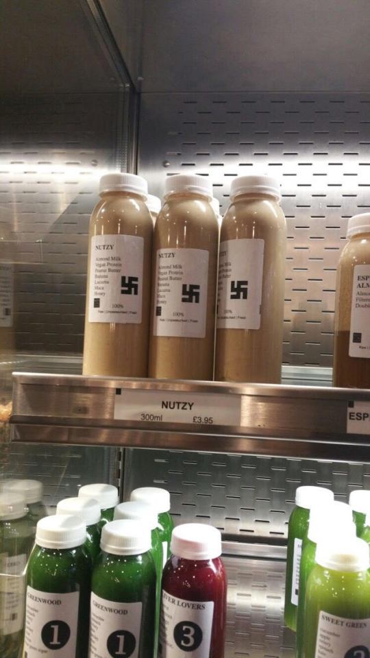  Reich out of order ... a London cafe was slammed for selling a “Nutzy” smoothie with a swastika on the bottle