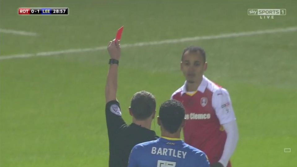  Odemingie looks incredulous as he is shown a red by referee Stuart Attwell