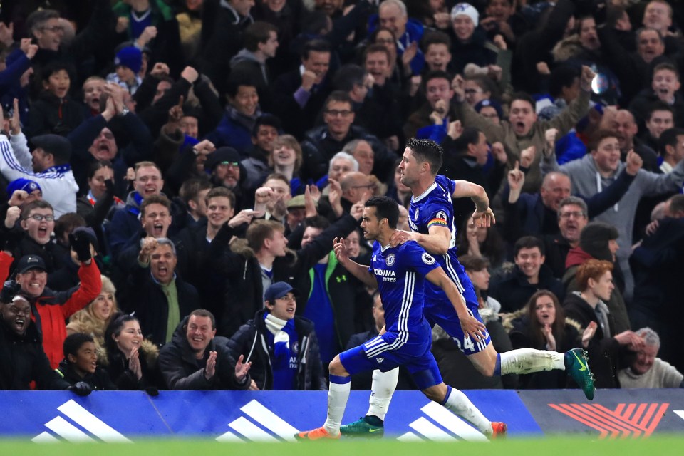  Pedro and Gary Cahill celebrate the Spaniard's equaliser