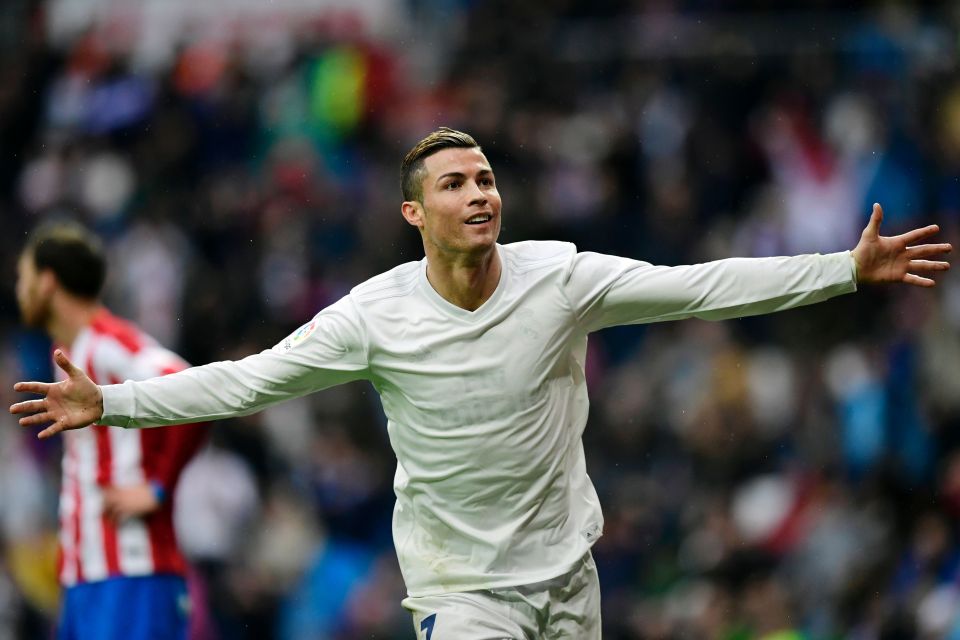 TOPSHOT - Real Madrid's Portuguese forward Cristiano Ronaldo celebrates his second goal during the Spanish league football match Real Madrid CF vs Real Sporting de Gijon at the Santiago Bernabeu stadium in Madrid on November 26, 2016. / AFP PHOTO / JAVIER SORIANOJAVIER SORIANO/AFP/Getty Images