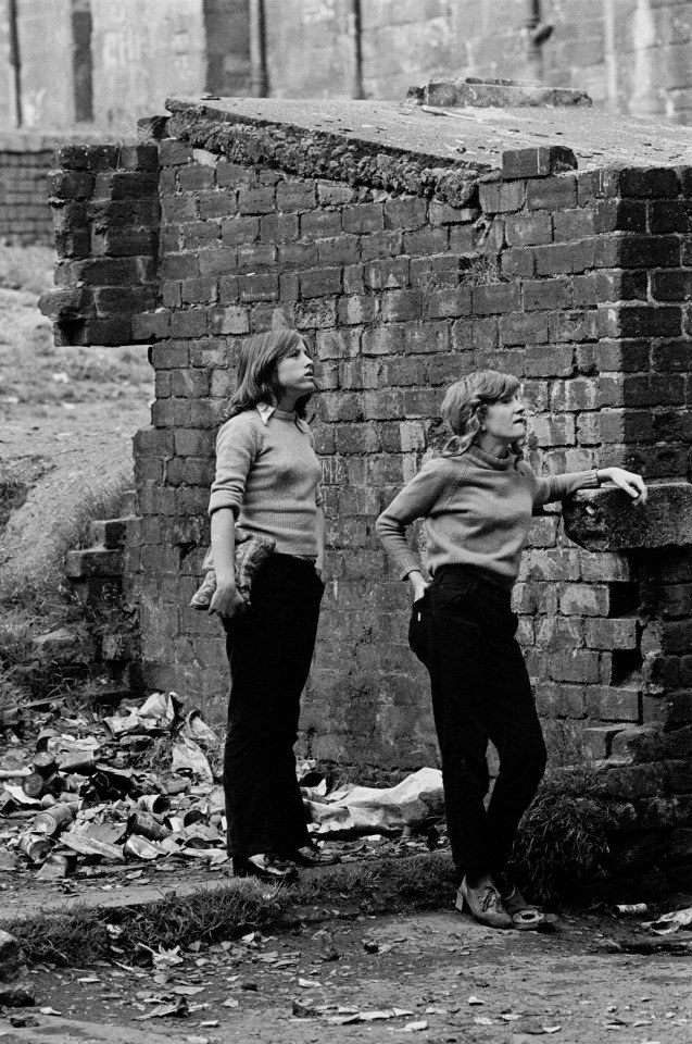  Teenage girls in tenement yard, Glasgow Maryhill, July 1971