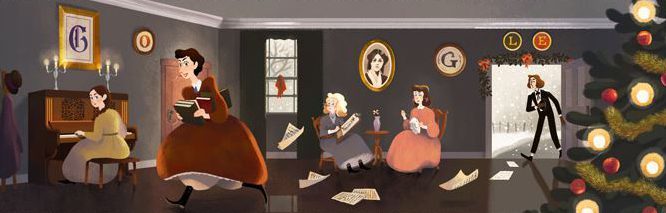  The Google Doodle, by Sophie Diao, portrays Little Women's Beth, Jo, Amy, and Meg March, as well as Jo's best friend Laurie, their neighbor