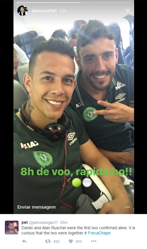 A selfie of Chapecoense players Danilo and Alan Ruschel, who survived the crash, on board the plane before the disaster