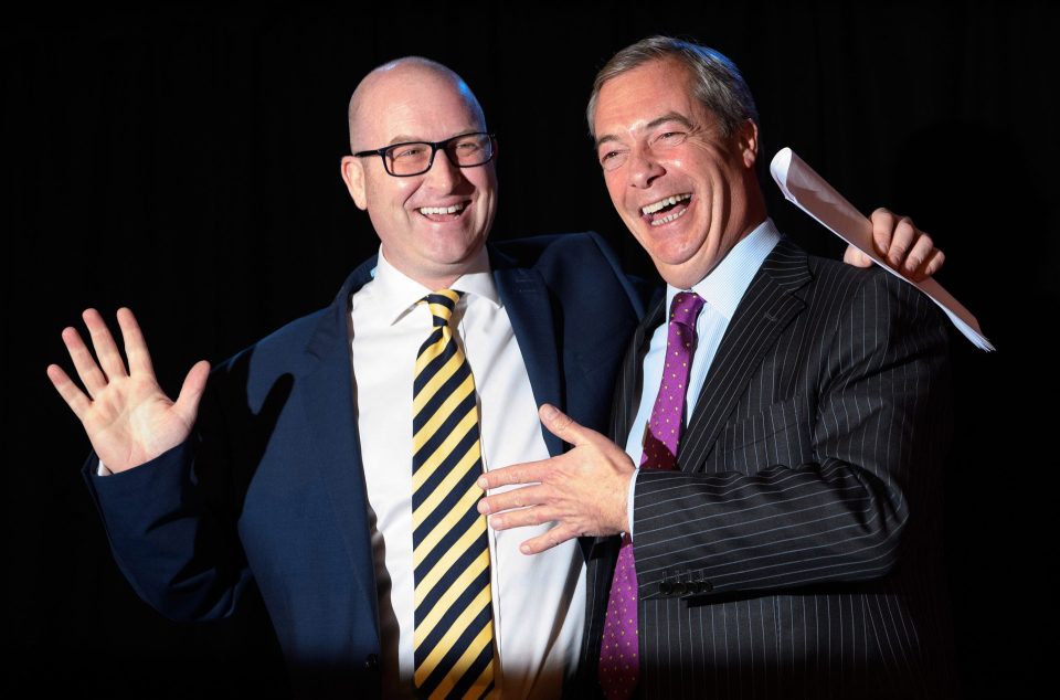  Paul Nuttall is congratulated by former UKIP leader Nigel Farage