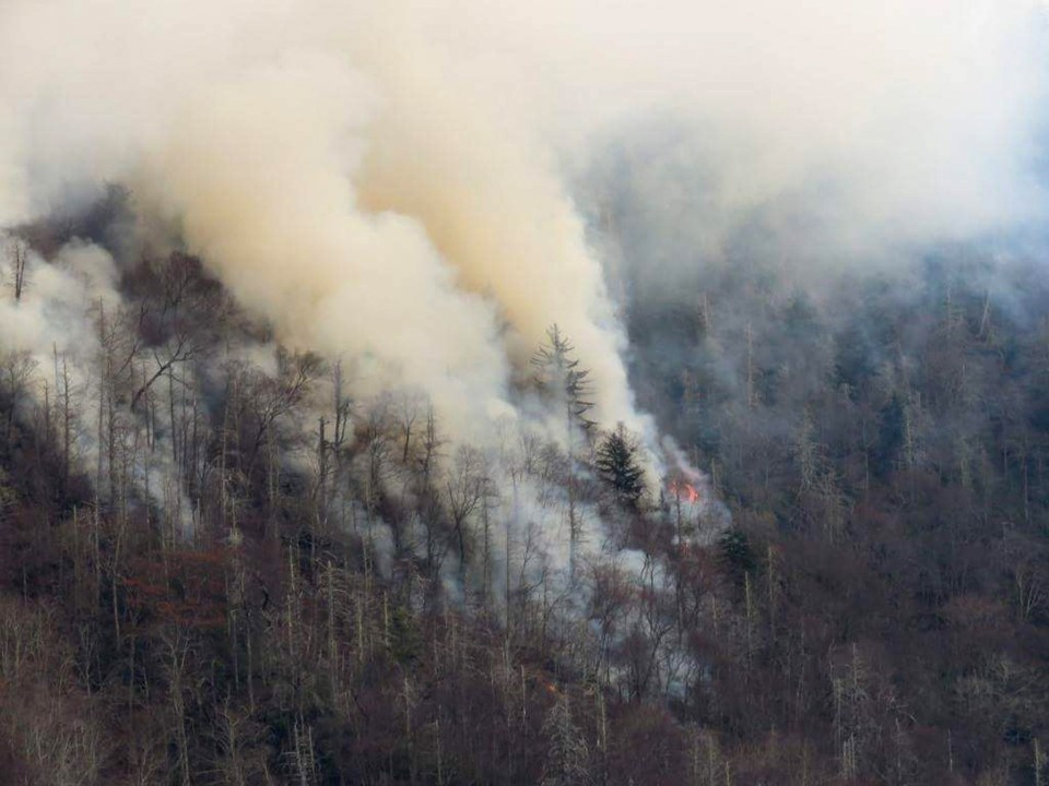  Smoke plumes from wildfires could be seen in the Great Smokey Mountains near Gatlinburg