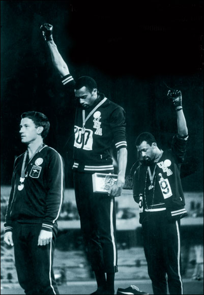  Tommie Smith and John Carlos on the podium at the 1968 Olympics.