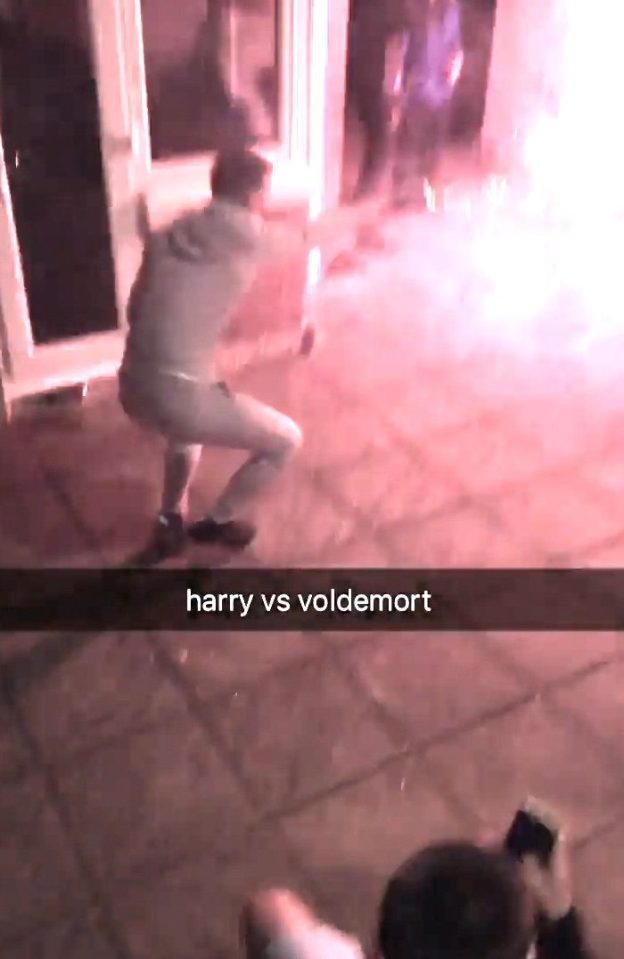  Two youngsters staged a Harry v Voldemort style battle with fireworks at the weekend