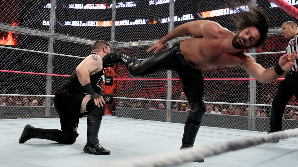  Seth Rollins lays a boot in at Hell In A Cell