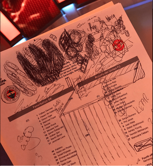  BT Sport presenter Jake Humphrey revealed Scholes' team sheet with doodles and scribbles