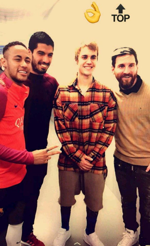  Later Bieber, who is playing a gig in the city tomorrow, posed with Neymar, Luis Suarez and Lionel Messi