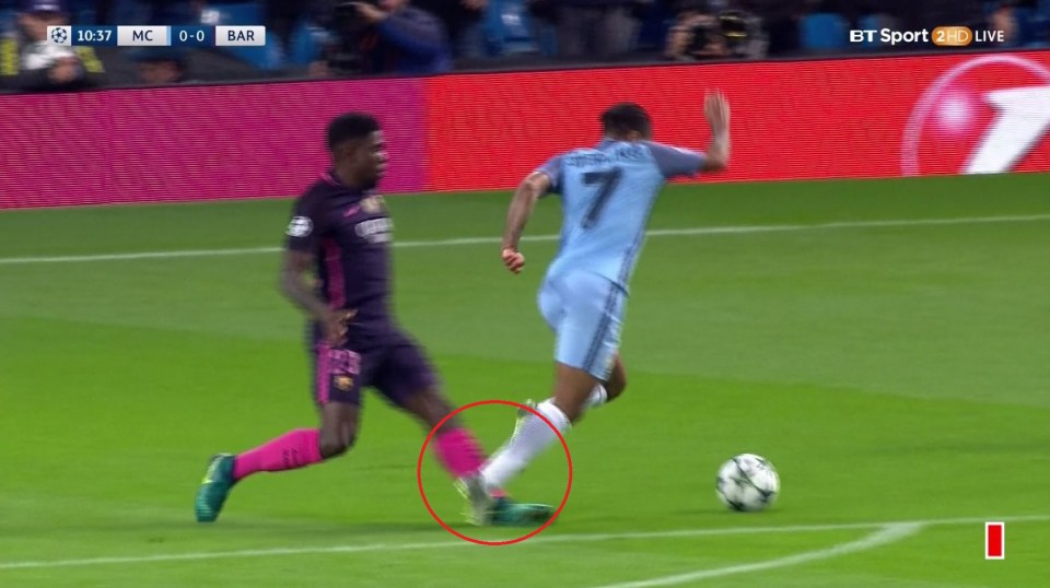  Raheem Sterling appeared to be tripped by Barcelona defender Samuel Umtiti