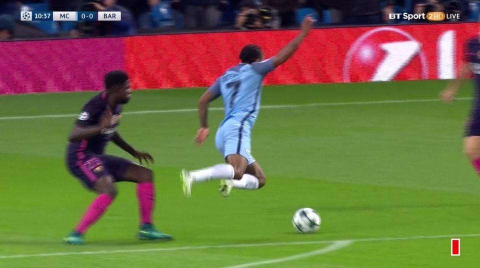  Raheem Sterling went to ground after being brought down by Samuel Umtiti