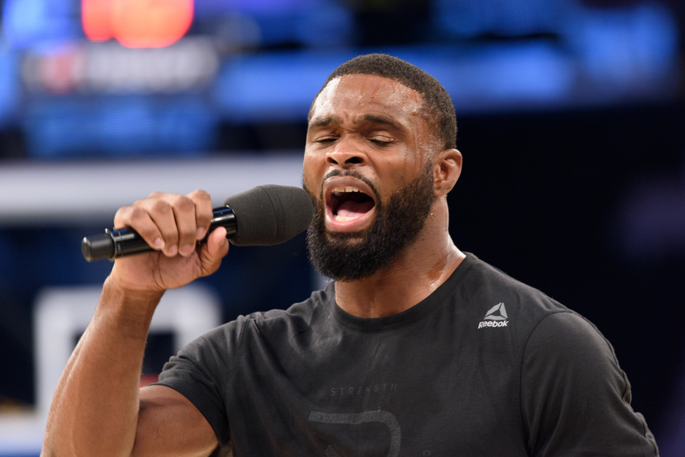  "Who's got my back!": Tyron Woodley interacts with the crowd at the UFC 205 open workouts at Madison Square Garden