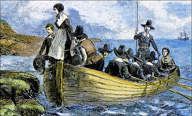  The first of the Puritan ‘pilgrims’, having anchored their ship the Mayflower off Massachusetts, get ready to step ashore from their lifeboat to explore the area