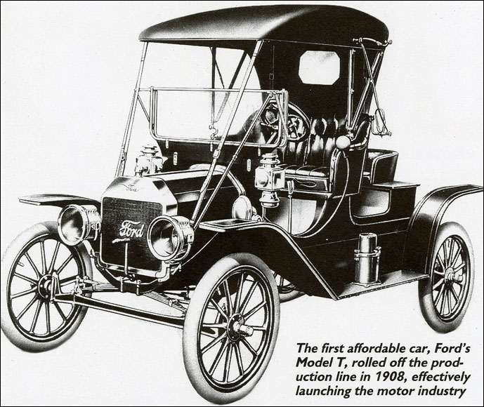  The first affordable car, Ford’s Model T, rolled off the production line in 1908, effectively launching the motor industry