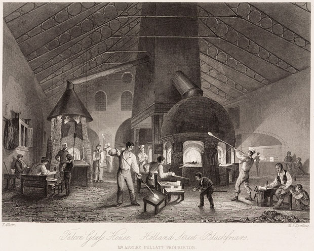  A 19th Century engraving of workers in a glass-blowing factory in Blackfriars, London