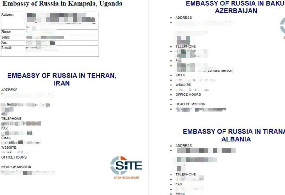  Sharing locations and contact information for Russian embassies across the globe ... ISIS want a repeat of horror slaughter of Moscow's envoy to Ankara