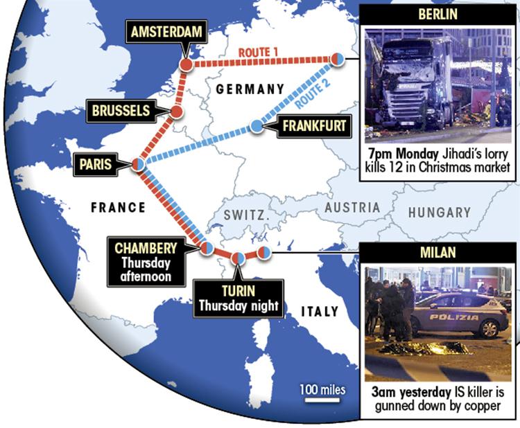  The killer travelled via two possible routes from Berlin to Milan