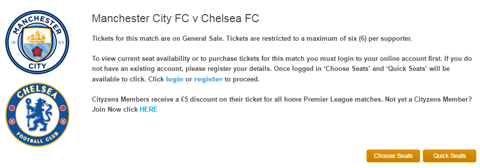  The Man City website confirms tickets for the match against Chelsea are on general sale