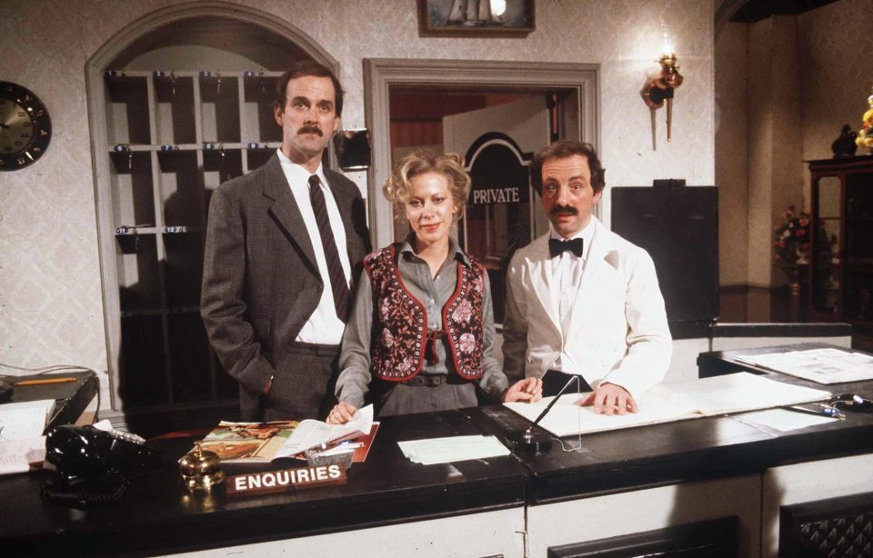  John Cleese, Connie Booth and Andrew Sachs on the set of Fawlty Towers