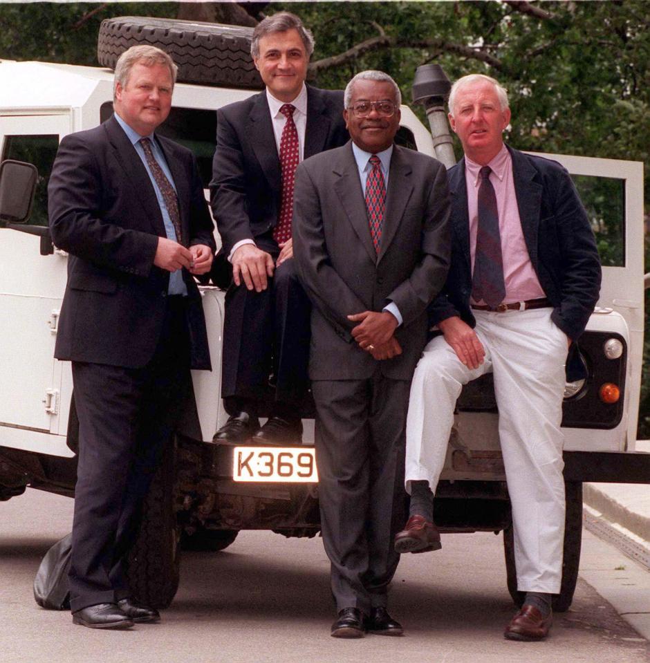  Veteran newsmen John Suchet (centre, left) and Trevor McDonald (centre, right) with Captain Bob Stewart (left) and late ITN war correspondent Michael Nicholson