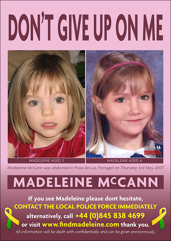  A poster released three years after Madeleine McCann's disappearance, with a picture of what she may have looked like by 2010