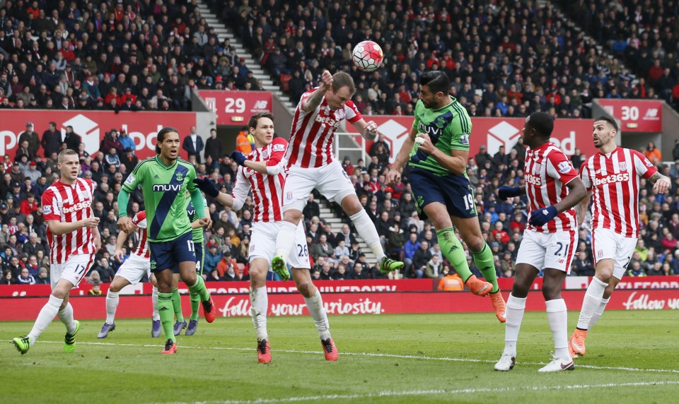  Graziano Pelle scores the opening Saints goal in the 2-1 win at Stoke in March