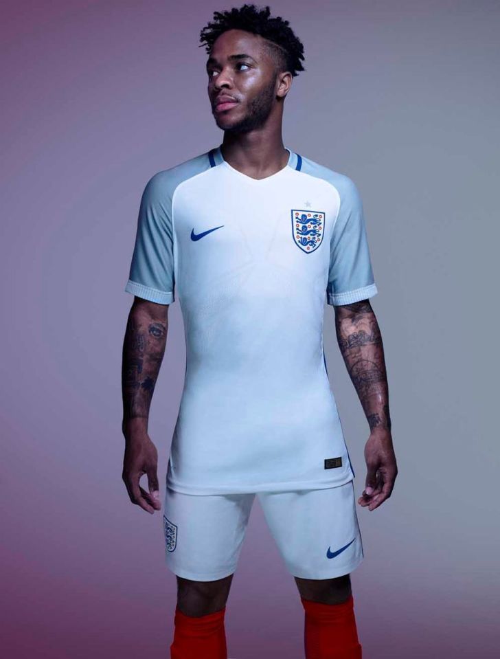  Raheem Sterling shows off the current England kit that was worn at the Euros