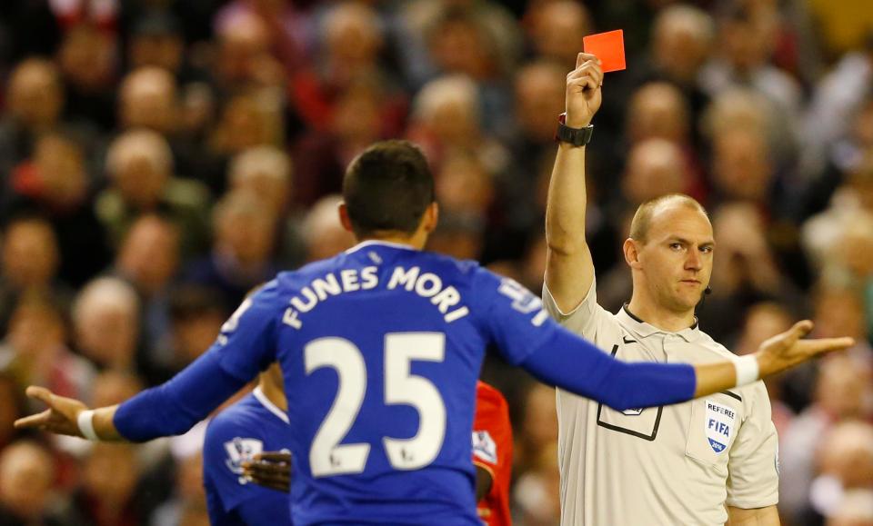  Ramiro Funes Mori is sent off for a dreadful tackle on Divock Origi