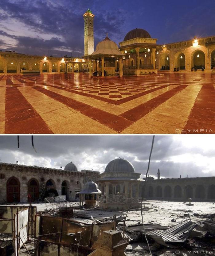  Before (top) and after (bottom) the 12th century Umayyad mosque before it was destroyed