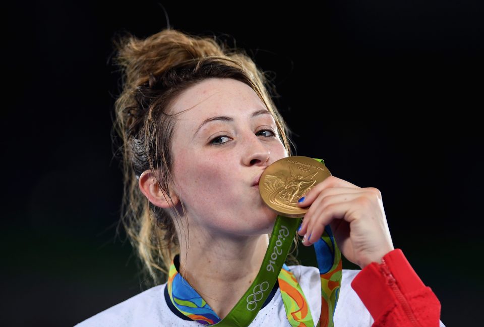 Gold medalist, Jade Jones of Great Britain celebrates after defeating Eva Calvo Gomez of Spain