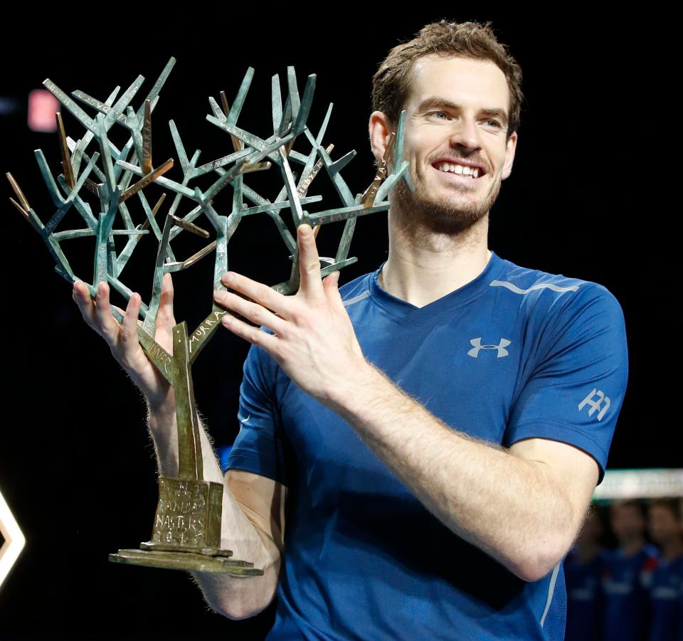  It's not Andy Murray getting in the Christmas spirit with a pair of reindeer antlers, it's the Paris Masters trophy.