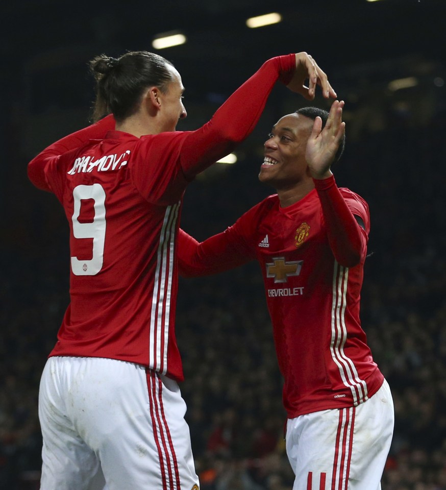  Anthony Martial celebrates his second goal of the night with Zlatan Ibrahimovic