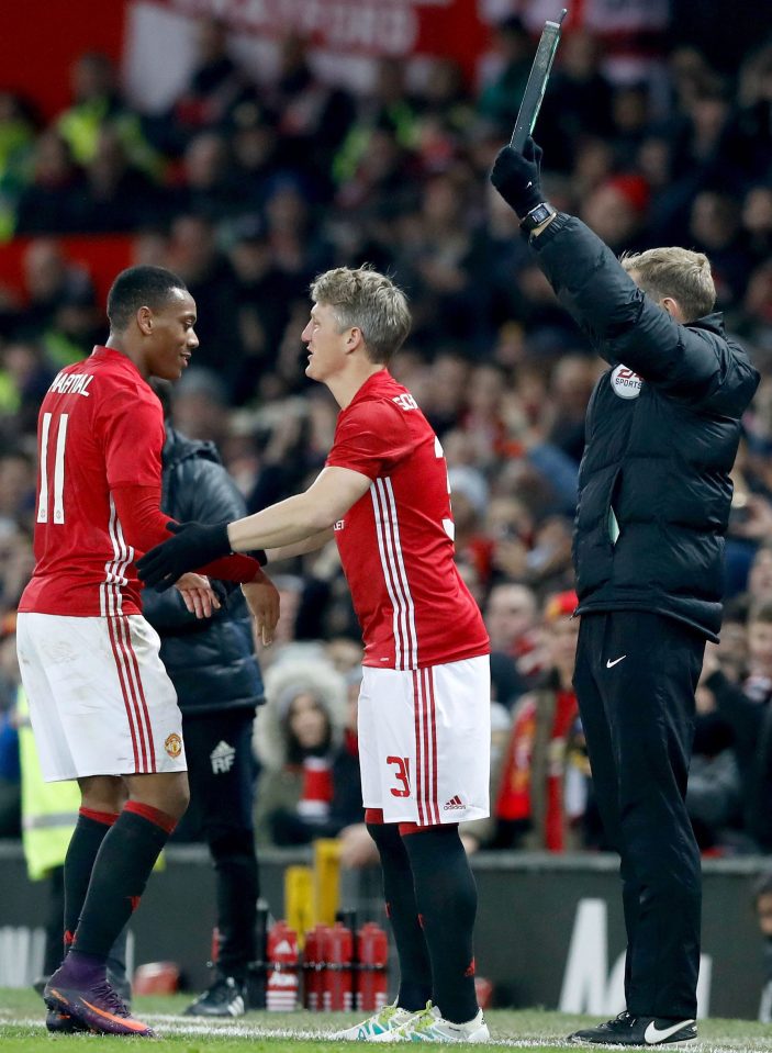  Schweinsteiger came on as a sub for Anthony Martial