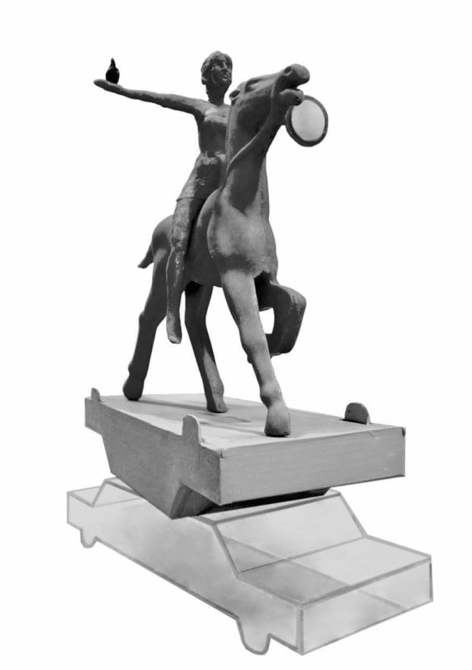  Designs of the bizarre Princess Diana memorial statue shows her on a horse holding a mirror which appears to rest on top of an upturned car