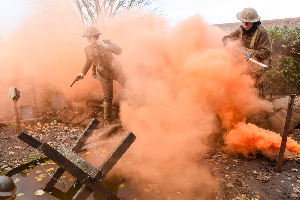  The boys' battlefield includes a small trench, a watch tower, a guard post and no man's land