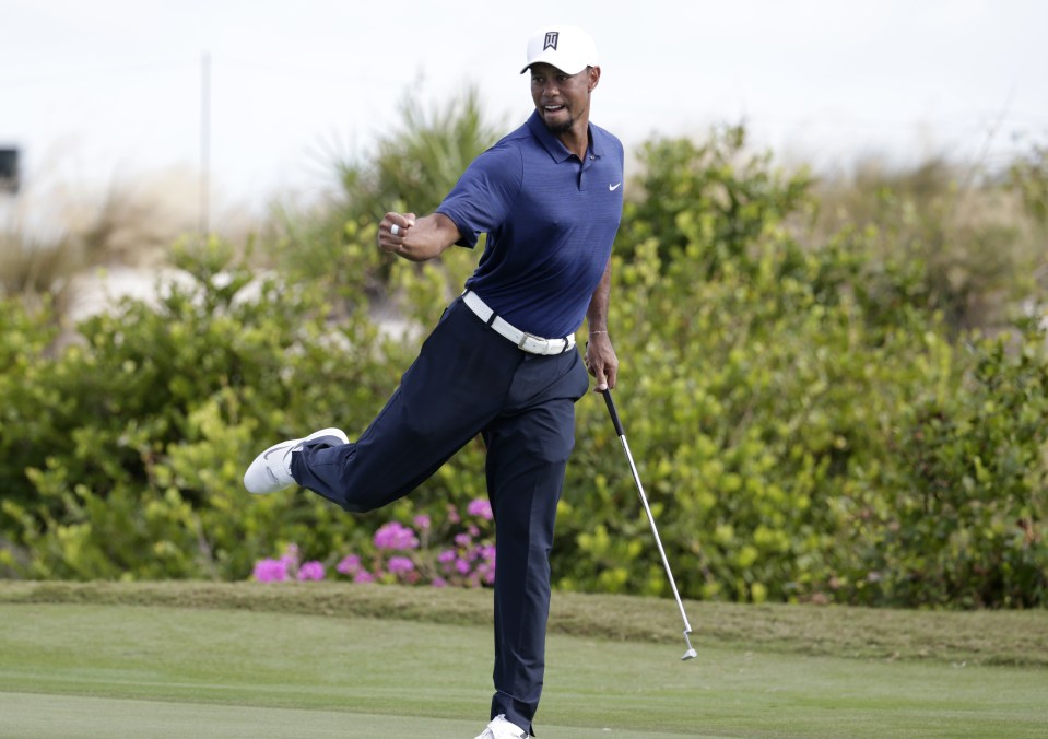 Tiger Woods reacts after saving par on the 16th hole during the second round at the Hero World Challenge golf tournament