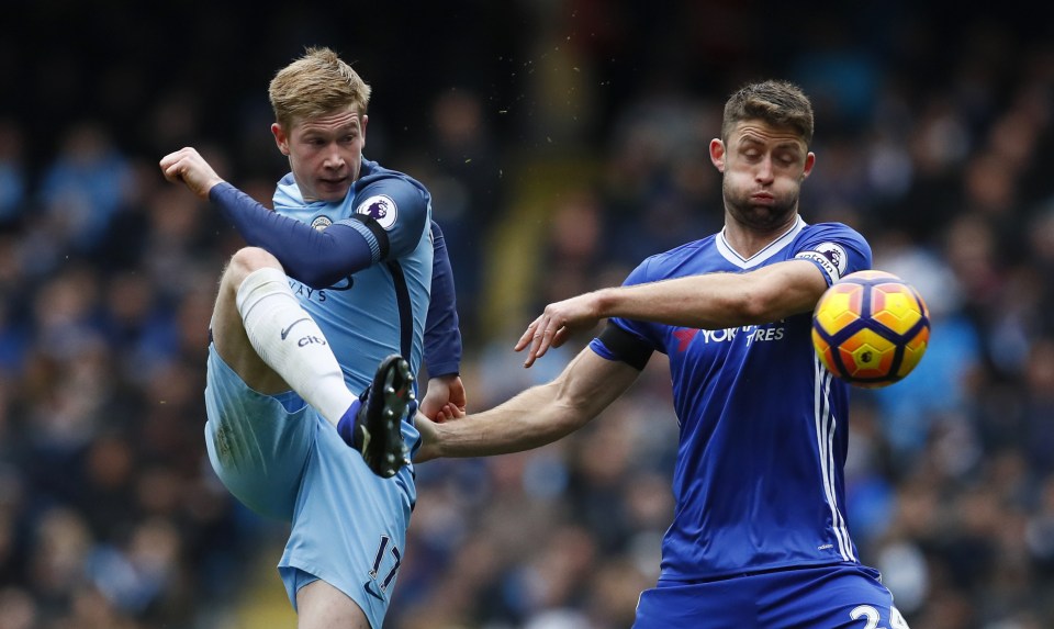  Manchester City's Kevin De Bruyne in action with Chelsea's Gary Cahill