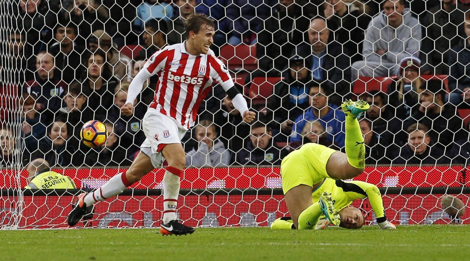  Marc Muniesa celebrates scoring Stoke's second goal