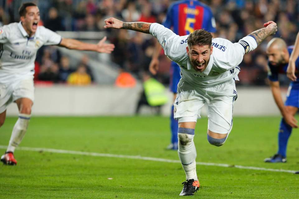 Sergio Ramos gets ready for a swan dive after bagging a late equaliser