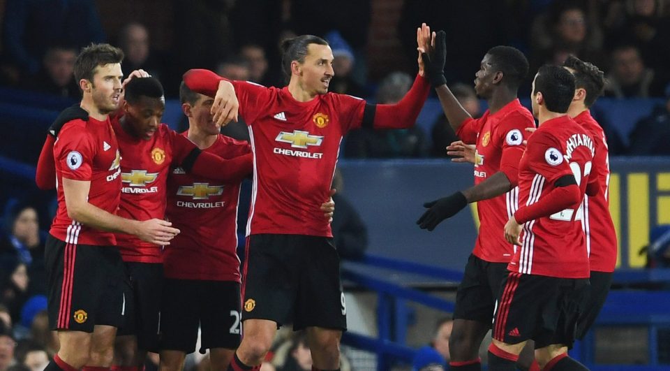  Zlatan Ibrahimovic takes the plaudits of his younger team-mates yet again after his lobbed opener at Everton