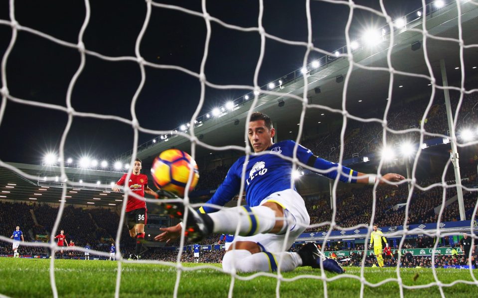  Ramiro Funes Mori fails to keep out the effort from Zlatan Ibrahimovic, who bagged his 12th goal this term for United