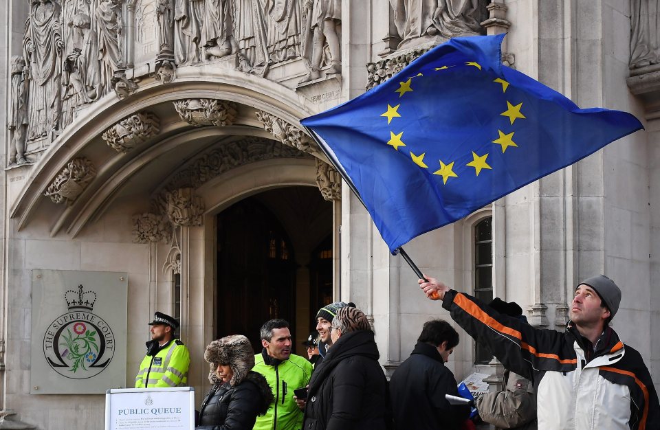  An EU supporter waves a flag before going into the court to watch