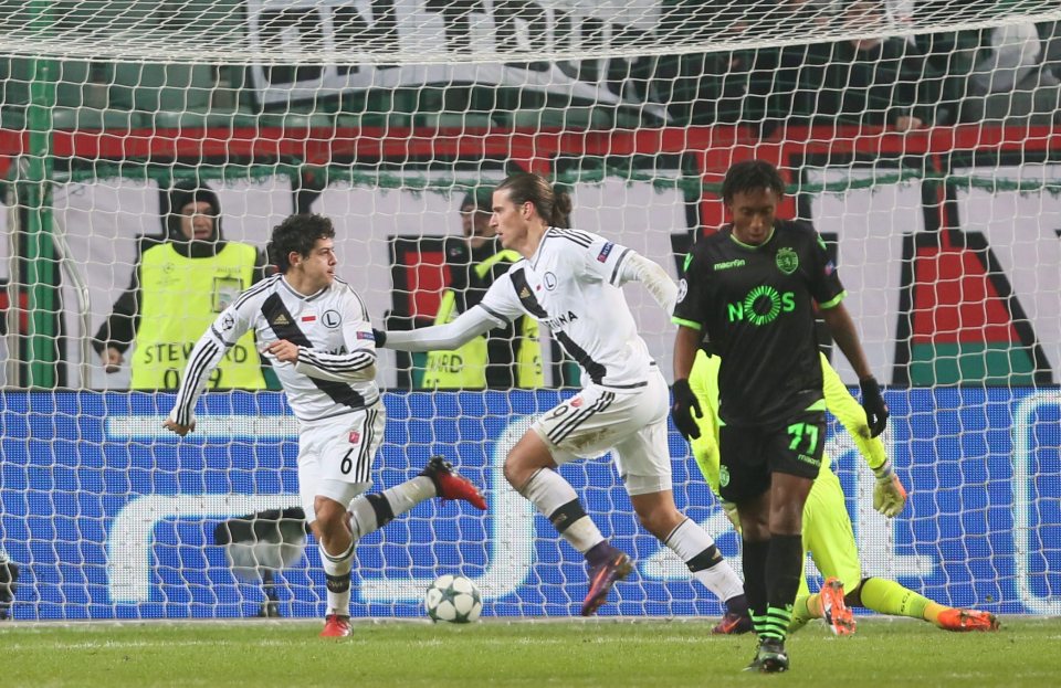 Guilherme and Aleksandar Prijovic of Legia Warsaw celebrates after scoring the 1-0 lead 